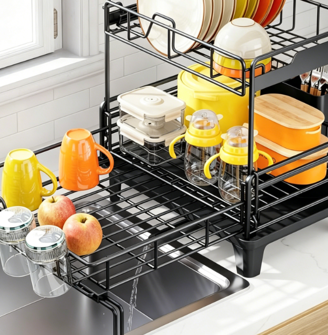 High-Capacity Double-Tier Countertop Dish Rack (with Cup Holders &...) — Cutlery Organizer (Black)